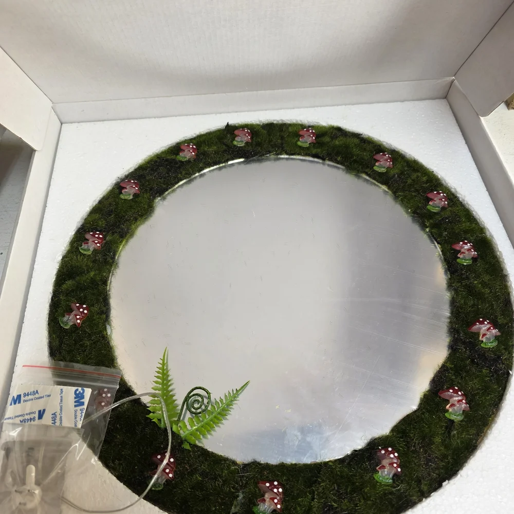 Green Floral With Red Mushrooms That Light Up Wall Mirror